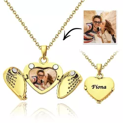 Custom Photo Locket Necklace Engraving Necklace Angel Wings Heart Design