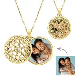 Personalized Ornate Round Swivel Locket Couple Photo Necklace