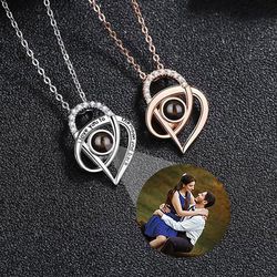 Silver Custom Picture Projection Necklace with Double Heart
