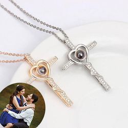 Cross Heart Customize Photo Projection Necklace For Couples Gifts